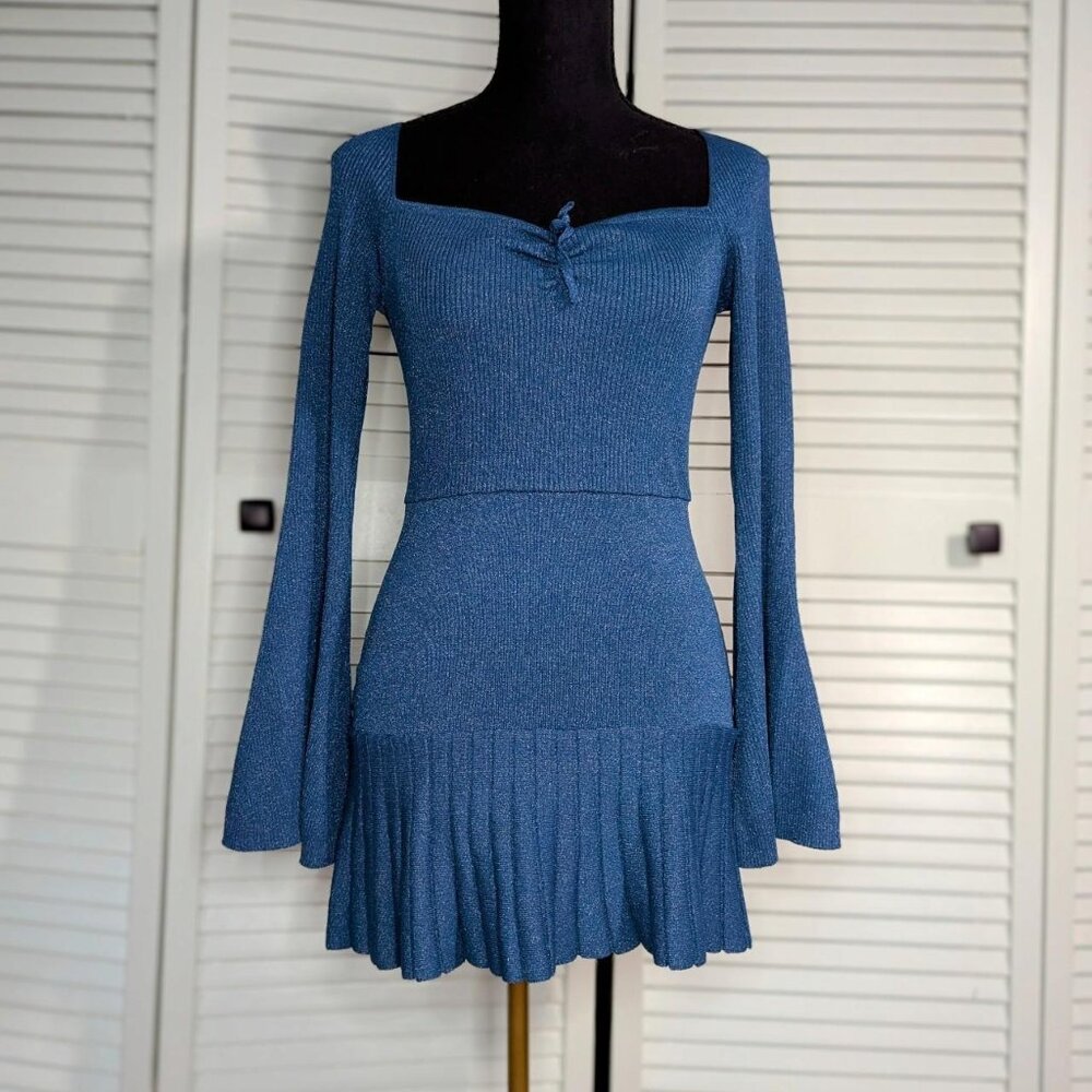 Bell sleeved blue sparkly mini dress
